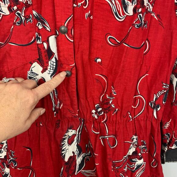 Vintage Circle T Rodeo Motif Midi Dress Size 16 Red Black  Bronc Ride - Picture 11 of 12